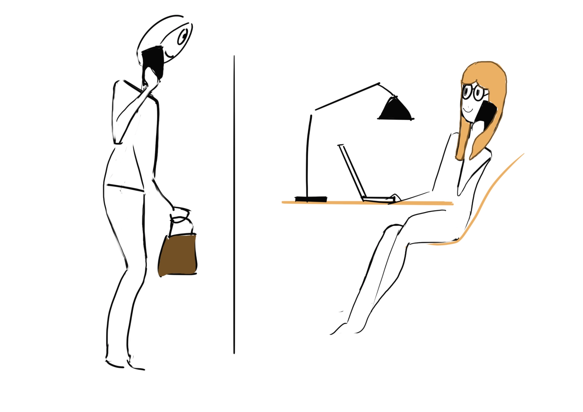 quel-est-mon-travail L'image est une illustration minimaliste et stylisée en noir, blanc et brun, représentant deux personnages séparés par une ligne verticale, suggérant une conversation à distance.</p>
<p>- **À gauche** : Un personnage au style abstrait, tenant un téléphone contre son oreille avec une tête en forme d'œil géant. Il semble être en déplacement, portant un sac à main brun. Son attitude indique qu'il est en train de parler au téléphone.<br />
- **À droite** : Une femme assise à un bureau, tenant également un téléphone contre son oreille tout en utilisant un ordinateur portable. Elle porte des lunettes et a les cheveux longs. Son environnement est illustré avec un bureau, une lampe et une chaise.</p>
<p>L'image pourrait symboliser une interaction entre un client et un service de support, une conversation professionnelle, ou encore une scène illustrant la surveillance et la communication à distance.